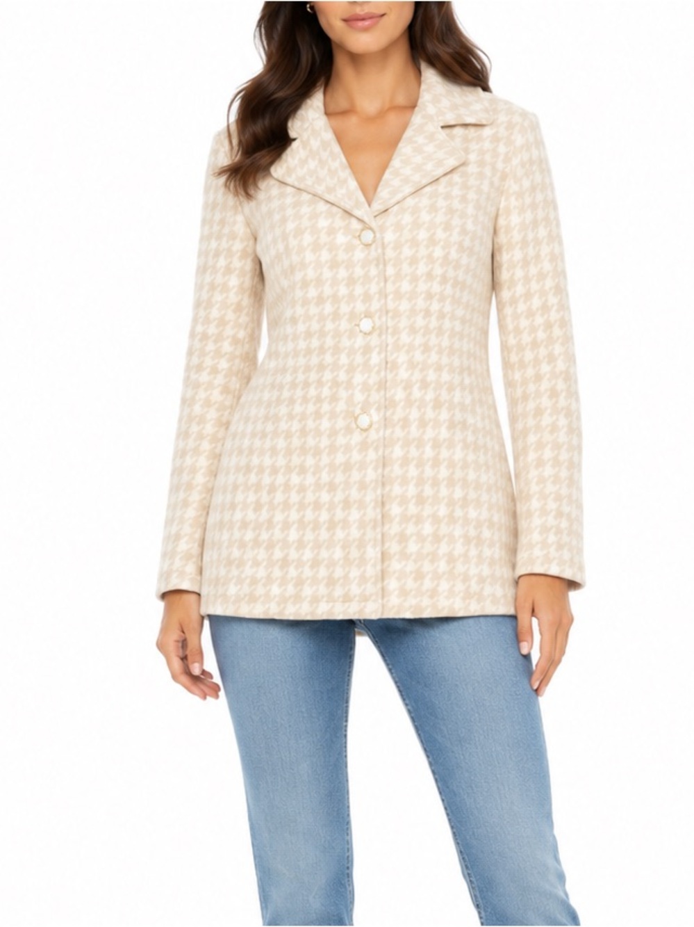 Light Beige Houndstooth Pea Coat with Pearl Buttons